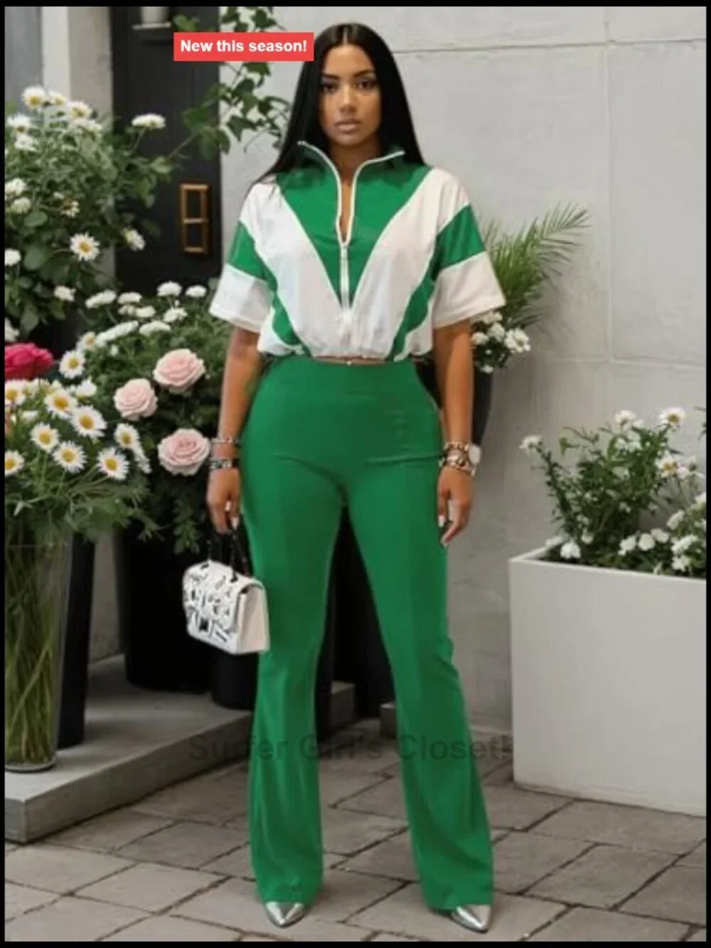 2 Piece Outfits for Women Summer Color Block Zipper Crop Top Flare Pants Set